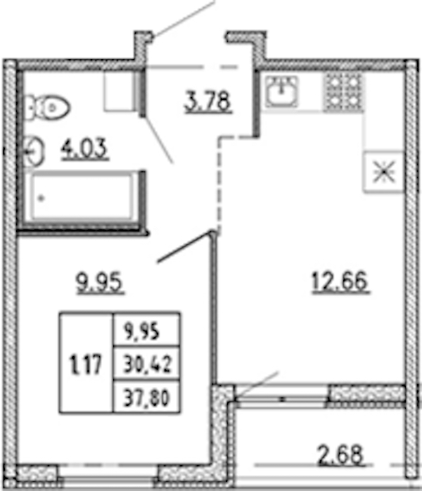 1-комнатная квартира 30.42 м², 17/22 эт., ЖК «Новые горизонты 2»